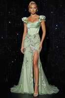 Load image into Gallery viewer, Floral Green Corset Mermaid Appliqued Long Ruffled Prom Dress with Slit