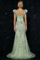Load image into Gallery viewer, Floral Green Corset Mermaid Appliqued Long Ruffled Prom Dress with Slit