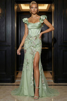 Load image into Gallery viewer, Floral Green Corset Mermaid Appliqued Long Ruffled Prom Dress with Slit