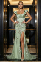 Load image into Gallery viewer, Floral Green Corset Mermaid Appliqued Long Ruffled Prom Dress with Slit