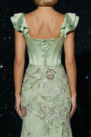 Load image into Gallery viewer, Floral Green Corset Mermaid Appliqued Long Ruffled Prom Dress with Slit