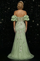 Load image into Gallery viewer, Floral Green Mermaid Off the Shoulder Long Corset Prom Dress with Slit