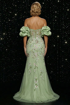 Floral Green Mermaid Off the Shoulder Long Corset Prom Dress with Slit