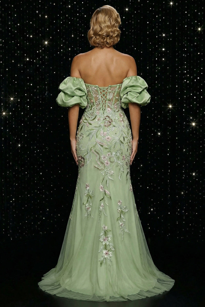 Load image into Gallery viewer, Floral Green Mermaid Off the Shoulder Long Corset Prom Dress with Slit