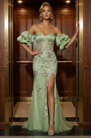 Load image into Gallery viewer, Floral Green Mermaid Off the Shoulder Long Corset Prom Dress with Slit