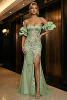 Load image into Gallery viewer, Floral Green Mermaid Off the Shoulder Long Corset Prom Dress with Slit