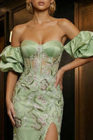 Load image into Gallery viewer, Floral Green Mermaid Off the Shoulder Long Corset Prom Dress with Slit
