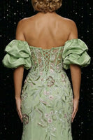 Load image into Gallery viewer, Floral Green Mermaid Off the Shoulder Long Corset Prom Dress with Slit