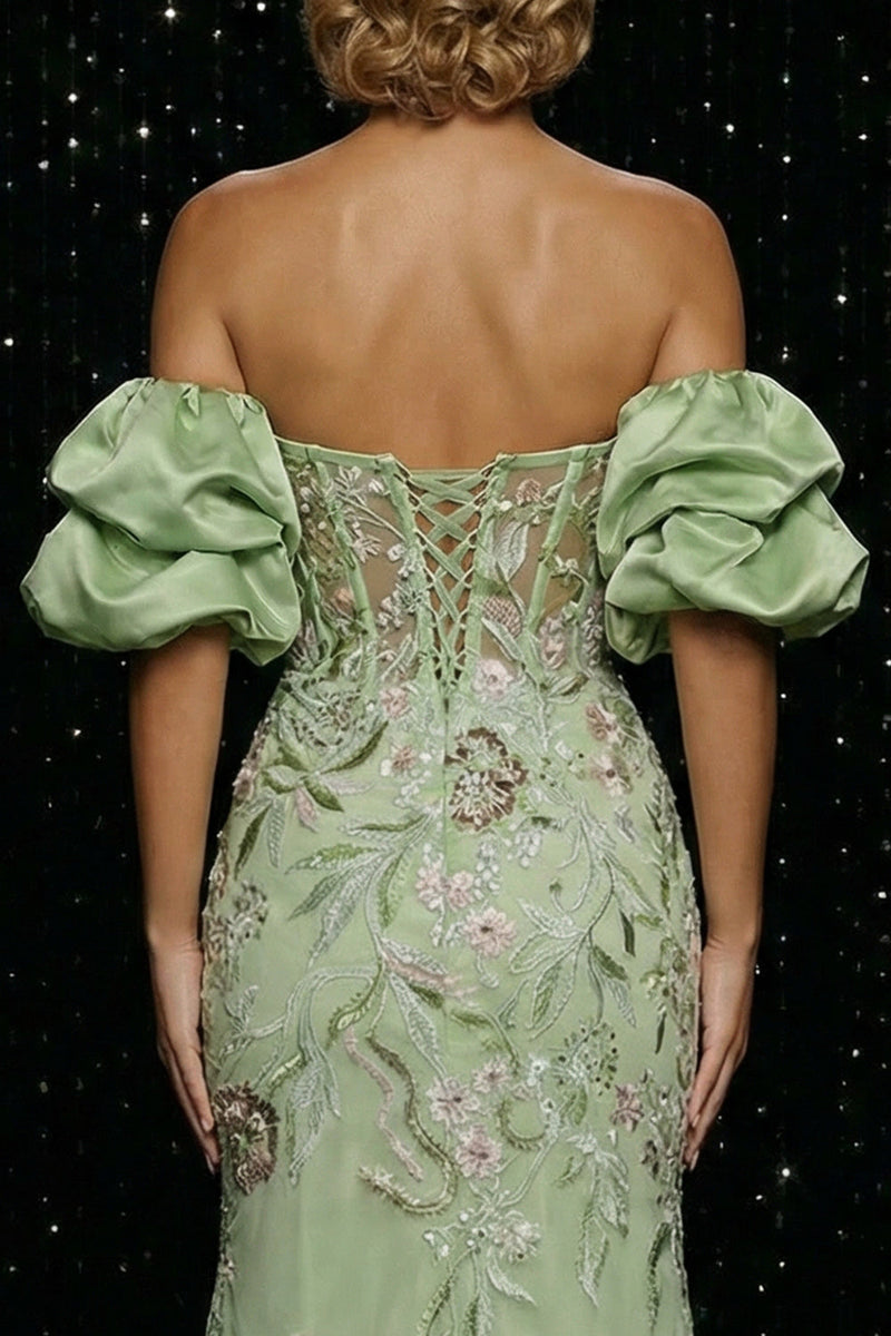 Load image into Gallery viewer, Floral Green Mermaid Off the Shoulder Long Corset Prom Dress with Slit