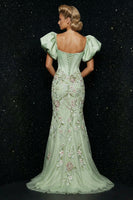 Load image into Gallery viewer, Floral Green Mermaid Puff Sleeves Long Corset Prom Dress with Slit