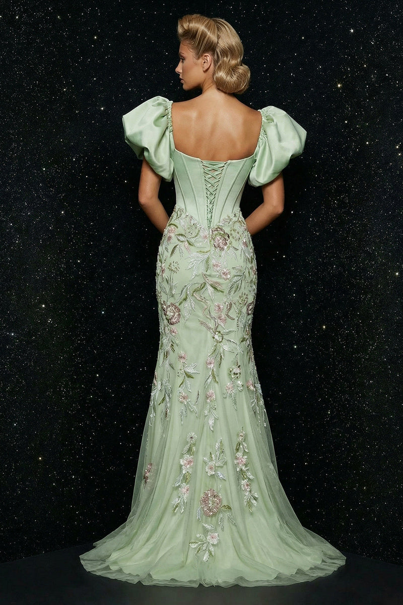 Load image into Gallery viewer, Floral Green Mermaid Puff Sleeves Long Corset Prom Dress with Slit
