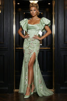 Load image into Gallery viewer, Floral Green Mermaid Puff Sleeves Long Corset Prom Dress with Slit