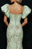 Load image into Gallery viewer, Floral Green Mermaid Puff Sleeves Long Corset Prom Dress with Slit