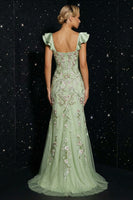 Load image into Gallery viewer, Floral Green Corset Mermaid Cap Sleeves Long Prom Dress with Slit