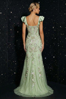 Floral Green Corset Mermaid Cap Sleeves Long Prom Dress with Slit