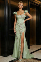 Load image into Gallery viewer, Floral Green Corset Mermaid Cap Sleeves Long Prom Dress with Slit