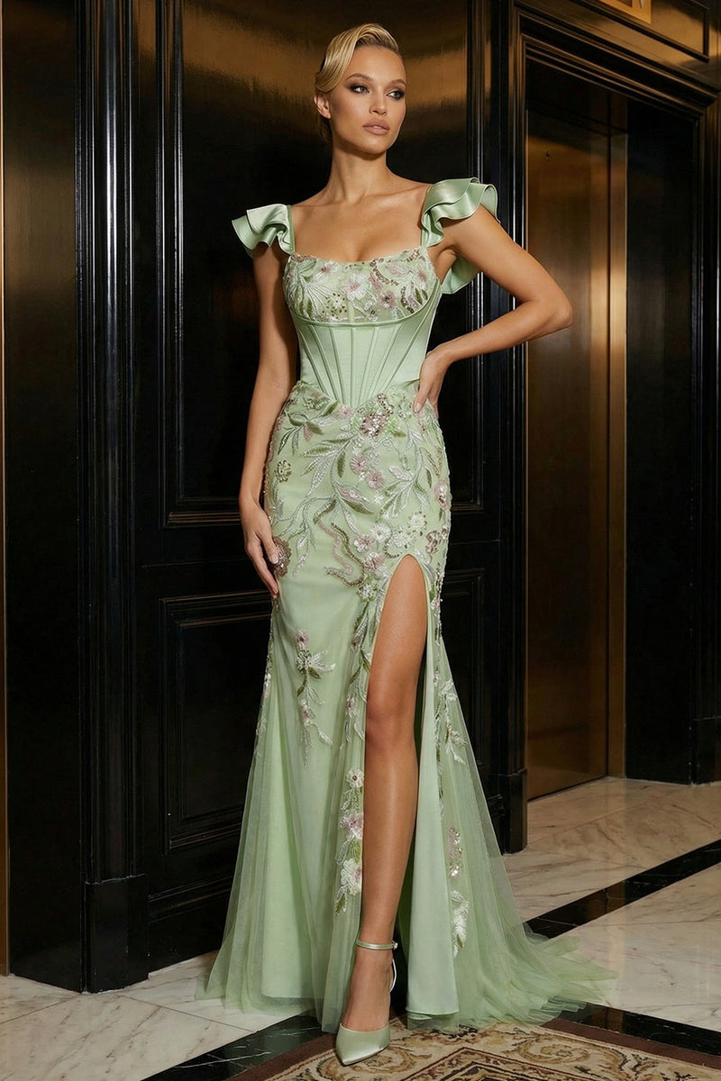 Load image into Gallery viewer, Floral Green Corset Mermaid Cap Sleeves Long Prom Dress with Slit