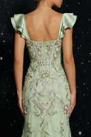 Load image into Gallery viewer, Floral Green Corset Mermaid Cap Sleeves Long Prom Dress with Slit