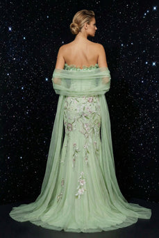 Floral Green Mermaid Ruffled Sweetheart Long Corset Prom Dress with Slit