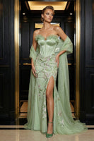 Load image into Gallery viewer, Floral Green Mermaid Ruffled Sweetheart Long Corset Prom Dress with Slit