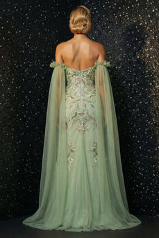 Floral Sheath Green Off the Shoulder Ruffled Long Corset Prom Dress with Slit