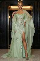 Load image into Gallery viewer, Green Corset Mermaid Ruffled Strapless Long Floral Prom Dress with Slit