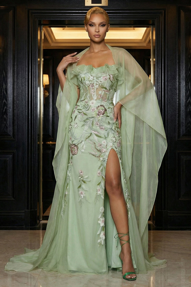 Load image into Gallery viewer, Green Corset Mermaid Ruffled Strapless Long Floral Prom Dress with Slit