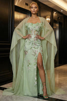 Load image into Gallery viewer, Green Corset Mermaid Ruffled Strapless Long Floral Prom Dress with Slit