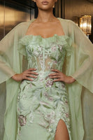 Load image into Gallery viewer, Green Corset Mermaid Ruffled Strapless Long Floral Prom Dress with Slit