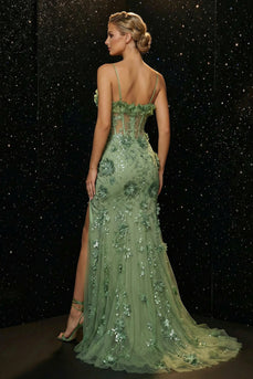 Floral Green Mermaid Spaghetti Straps Long Corset Prom Dress with Slit