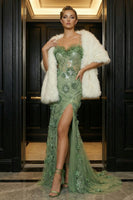 Load image into Gallery viewer, Floral Green Mermaid Spaghetti Straps Long Corset Prom Dress with Slit