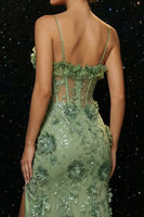 Load image into Gallery viewer, Floral Green Mermaid Spaghetti Straps Long Corset Prom Dress with Slit