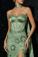 Load image into Gallery viewer, Sparkly Floral Green Mermaid Strapless Long Corset Prom Dress with Slit