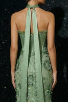 Load image into Gallery viewer, Sparkly Floral Green Mermaid Strapless Long Corset Prom Dress with Slit