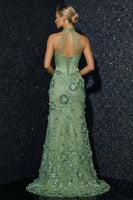 Load image into Gallery viewer, Sparkly Green High Neck Mermaid Corset Long Floral Prom Dress with Slit