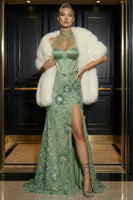 Load image into Gallery viewer, Sparkly Green High Neck Mermaid Corset Long Floral Prom Dress with Slit