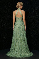 Load image into Gallery viewer, Floral Green A Line Halter High-Low Corset Prom Dress with Appliques