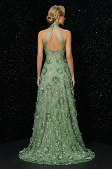 Floral Green A Line Halter High-Low Corset Prom Dress with Appliques