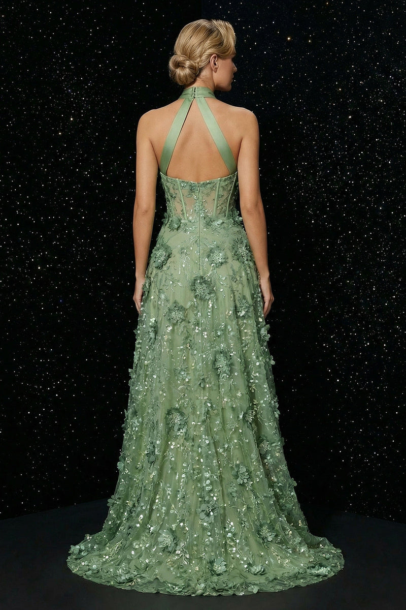 Load image into Gallery viewer, Floral Green A Line Halter High-Low Corset Prom Dress with Appliques