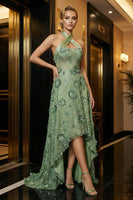 Load image into Gallery viewer, Floral Green A Line Halter High-Low Corset Prom Dress with Appliques