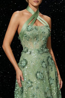 Load image into Gallery viewer, Floral Green A Line Halter High-Low Corset Prom Dress with Appliques