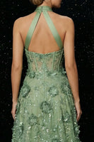 Load image into Gallery viewer, Floral Green A Line Halter High-Low Corset Prom Dress with Appliques
