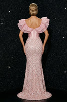 Load image into Gallery viewer, Sparkly Mermaid Pink Sequins Ruffled Long Corset Prom Dress with Slit