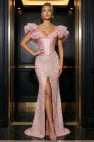 Load image into Gallery viewer, Sparkly Mermaid Pink Sequins Ruffled Long Corset Prom Dress with Slit