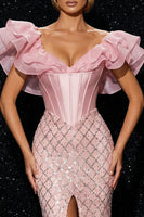 Load image into Gallery viewer, Sparkly Mermaid Pink Sequins Ruffled Long Corset Prom Dress with Slit
