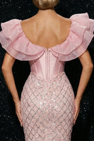 Load image into Gallery viewer, Sparkly Mermaid Pink Sequins Ruffled Long Corset Prom Dress with Slit