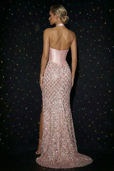 Sparkly Pink Halter Mermaid Sequins Long Corset Prom Dress with Slit