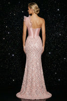 Load image into Gallery viewer, Sparkly SequinsPink One Shoulder  Mermaid Long Corset Prom Dress with Slit