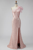 Load image into Gallery viewer, Sparkly Pink One Shoulder Mermaid Corset Long Prom Dress with Slit
