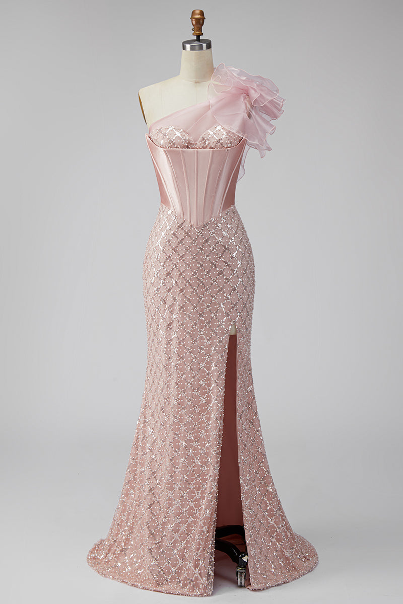 Load image into Gallery viewer, Sparkly Pink One Shoulder Mermaid Corset Long Prom Dress with Slit
